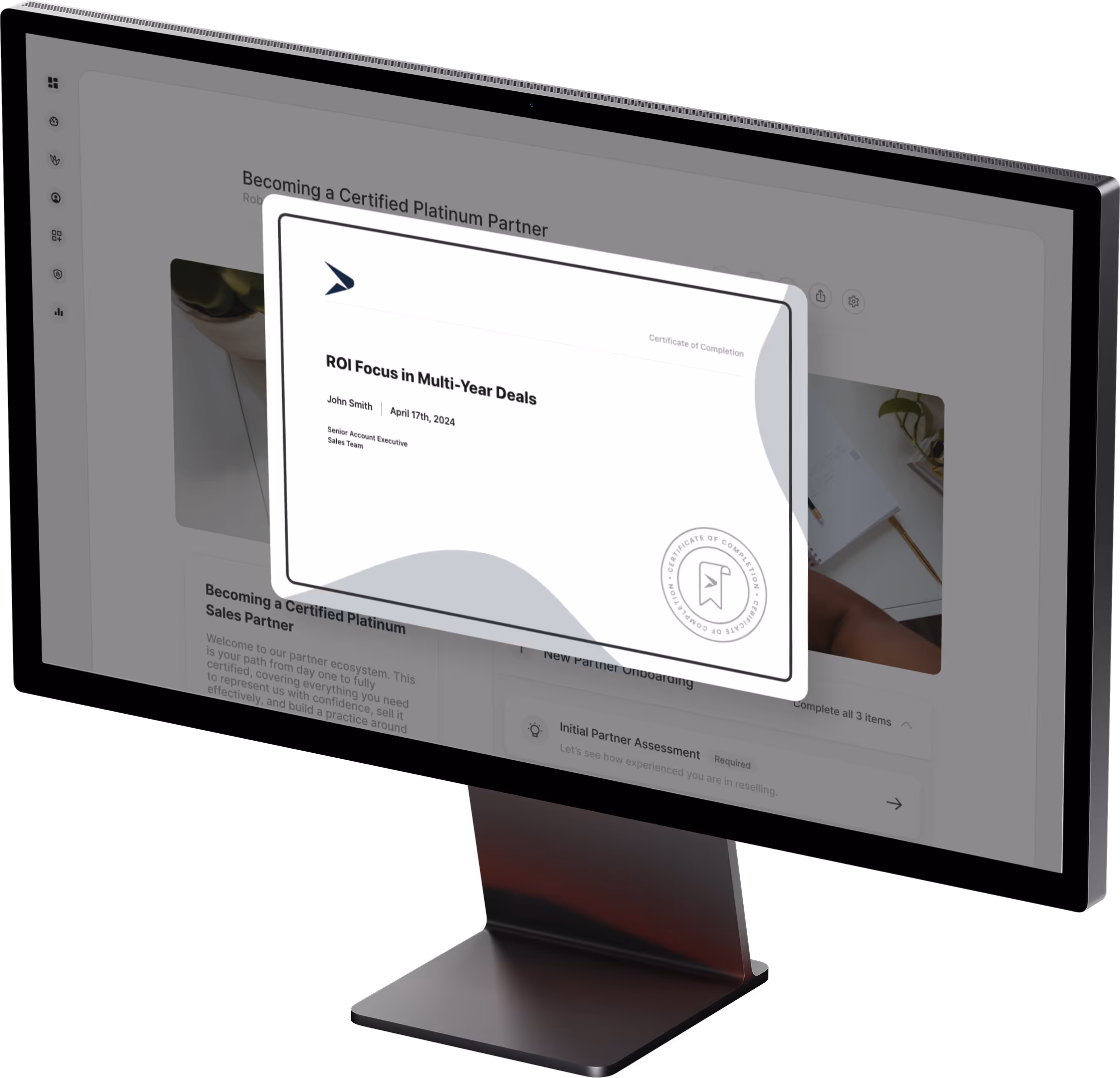 A certificate being awarded to user upon completion, desktop mockup.