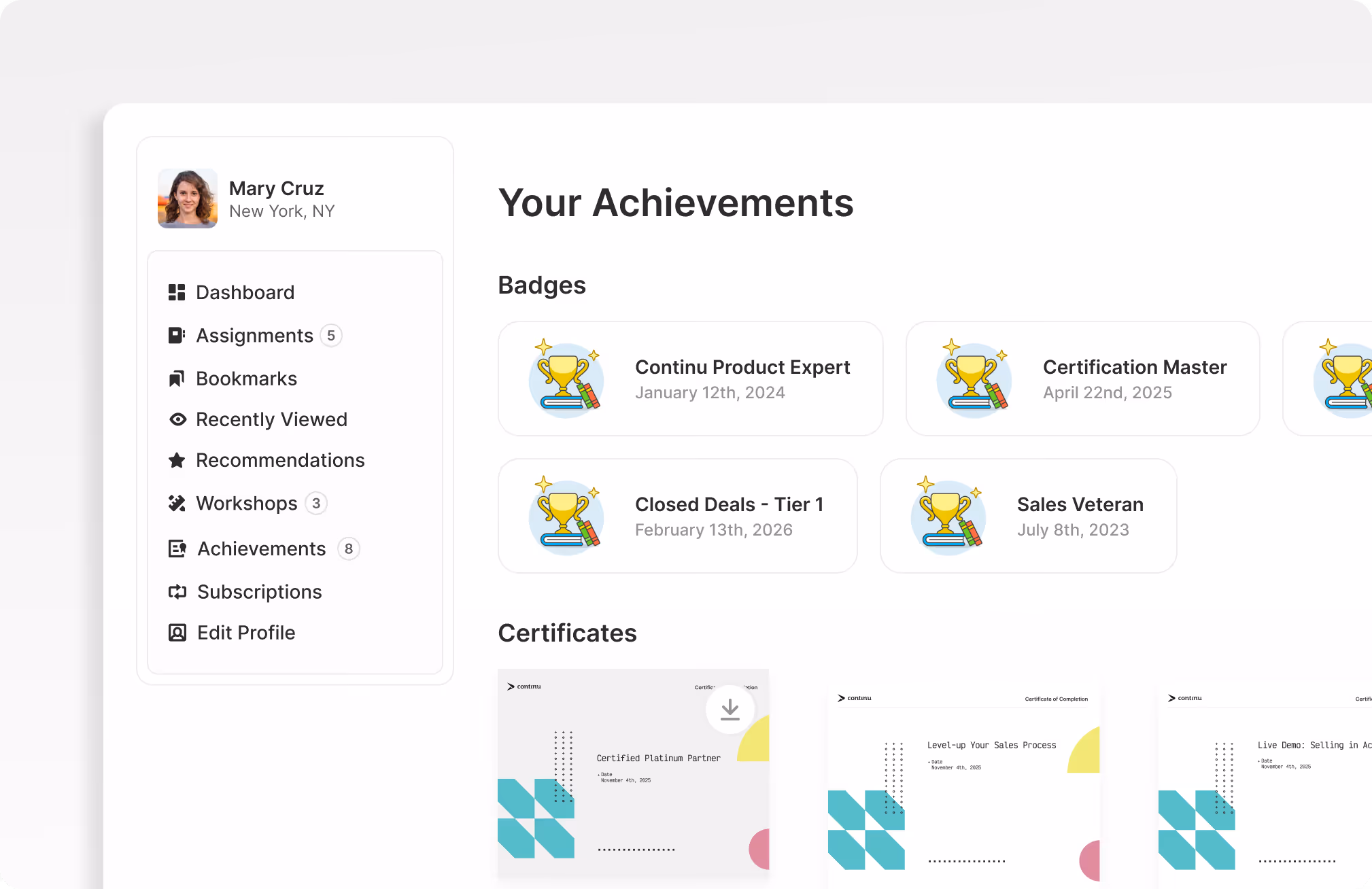 Learners can view the badges and certificates they've received in the Achievements tab of their learner dashboard.