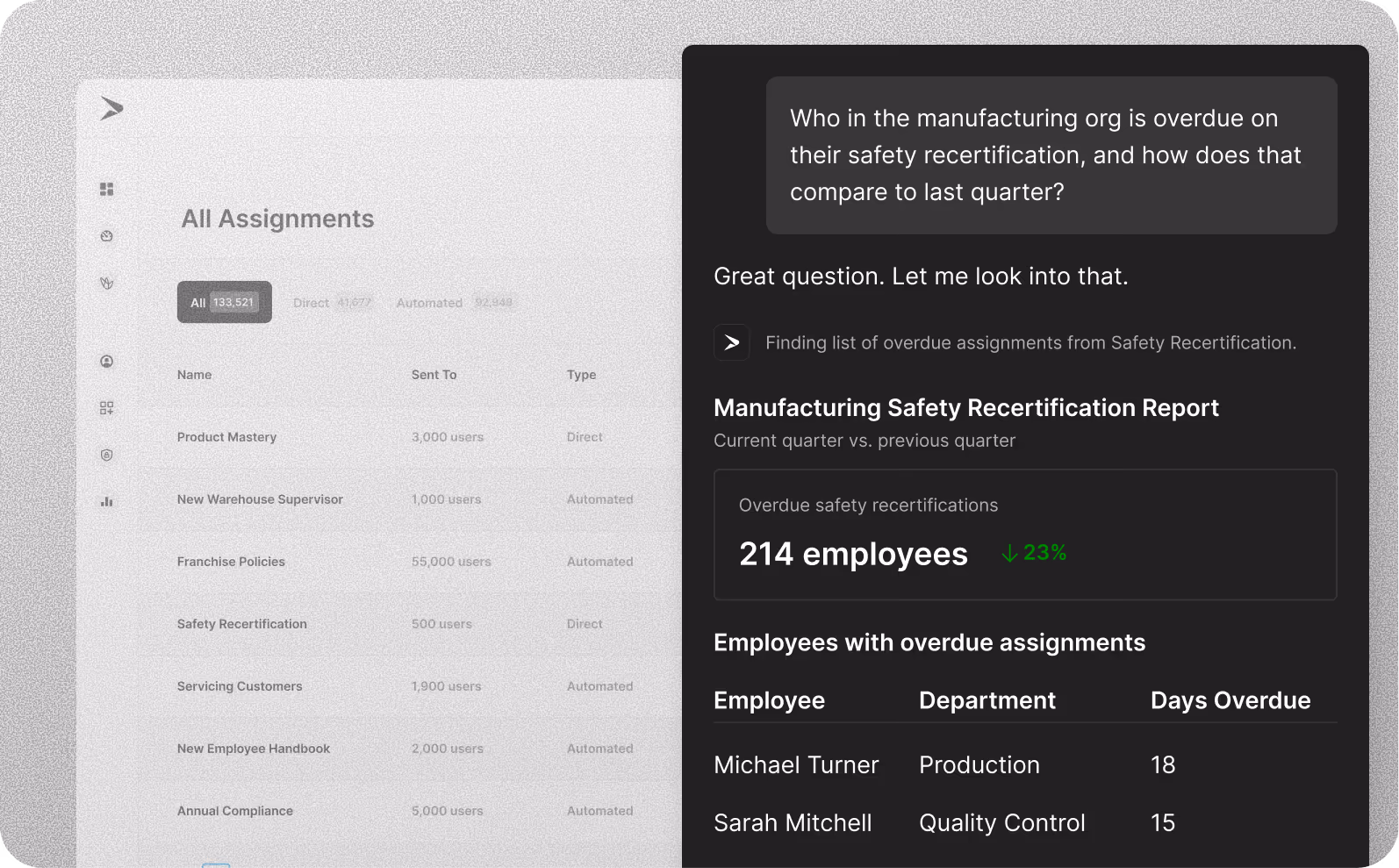 An AI assistant checks training progress on assignments, listing employees overdue on safety recertification versus last quarter.