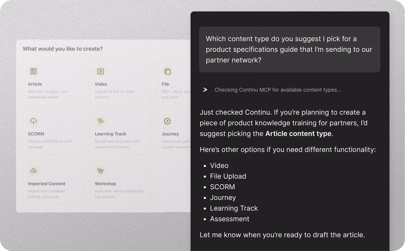 Continu MCP lists the available Continu content types, including articles, video, SCORM, Journeys, learning tracks, and assessments.