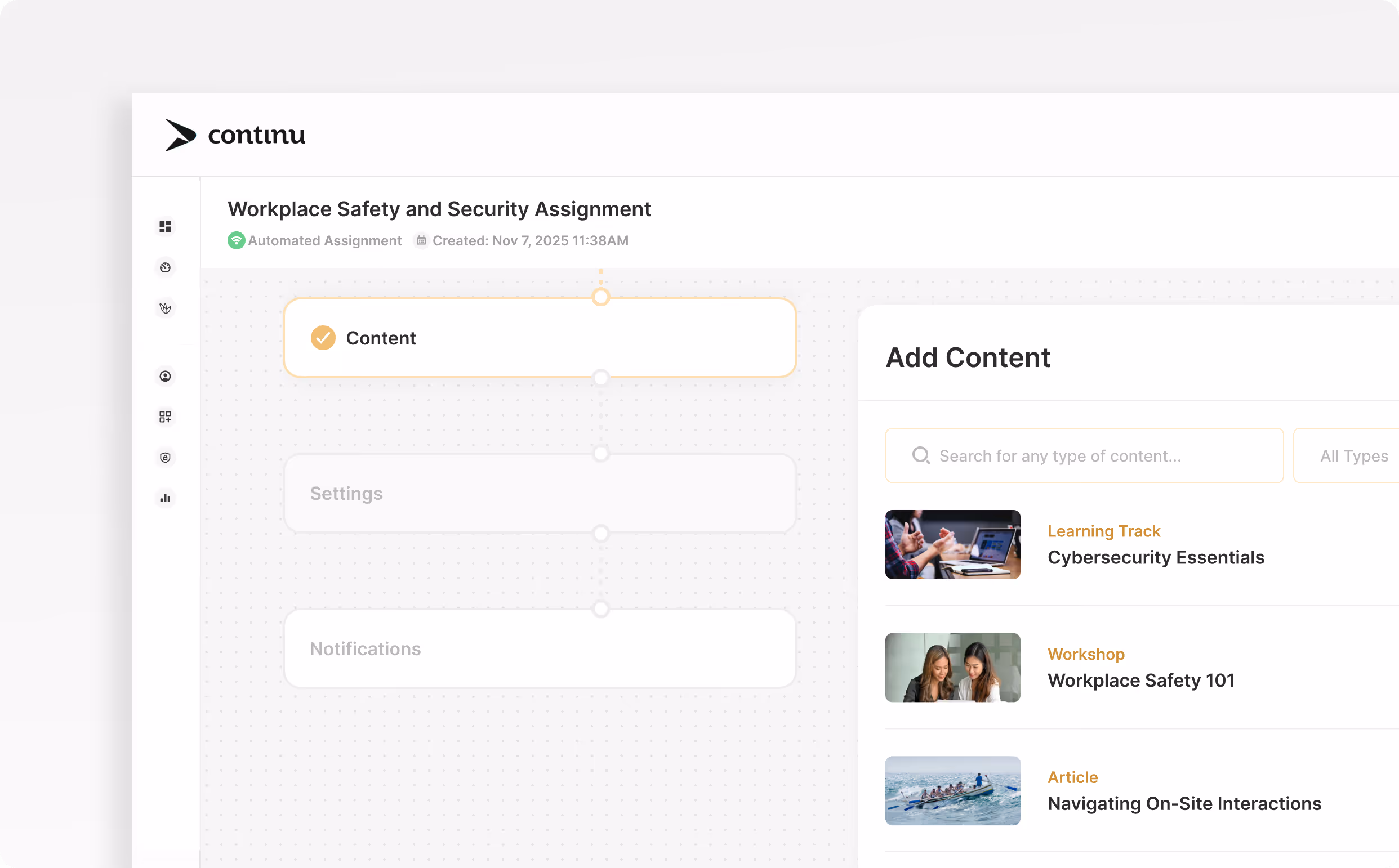 A compliance training focused automated assignment in Continu.