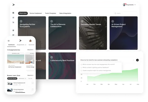 Multiple screens of Continu's enterprise enablement platform on different devices.