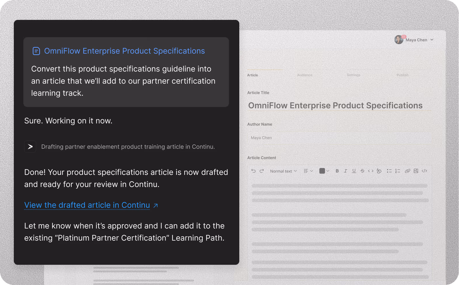 Continu MCP turns a product specifications guide into a drafted article, ready for approval in Continu before anything publishes.
