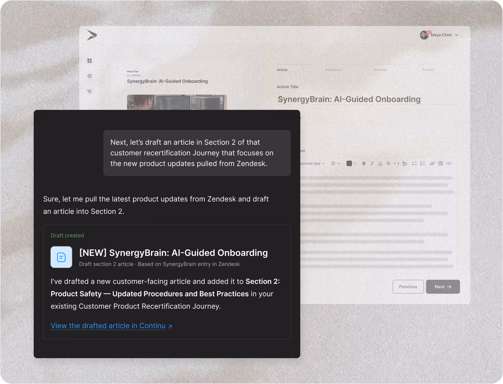 Continu MCP drafts a new article into a Journey section, saved as a draft under your name for your team to review.