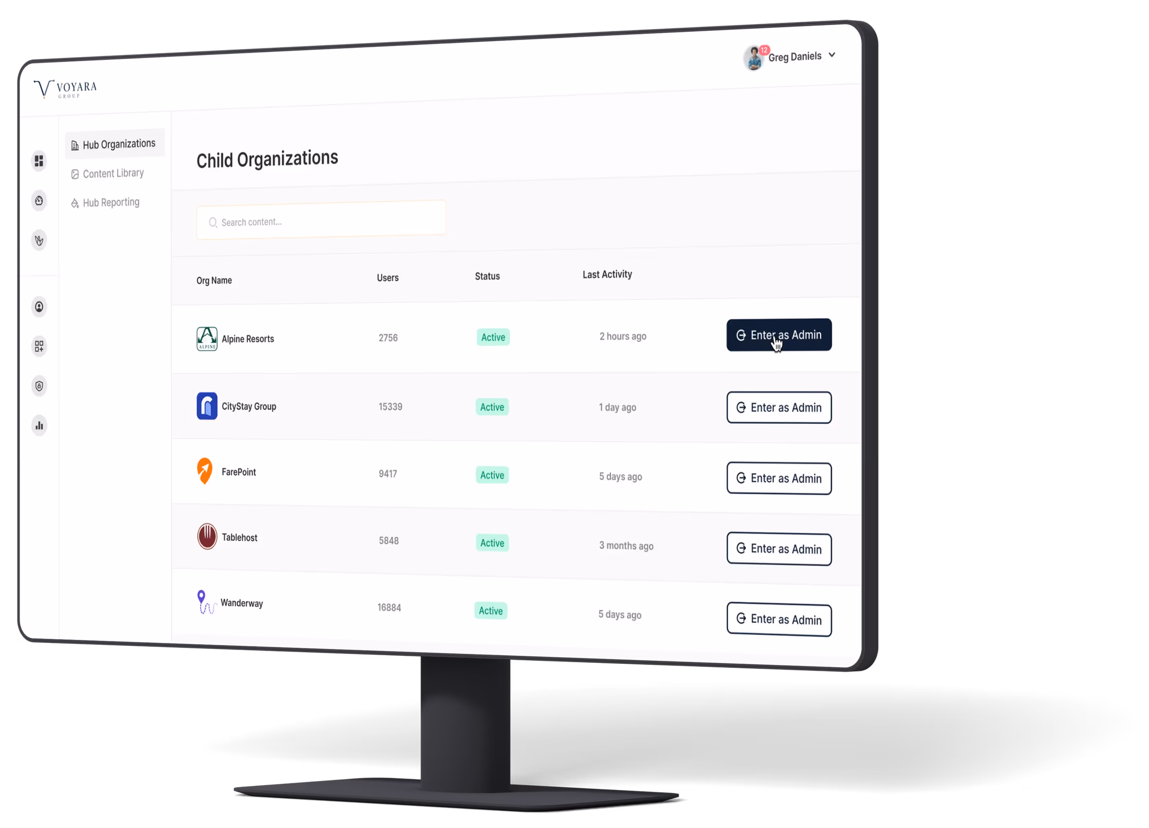 Hubs overview dashboard on desktop mockup