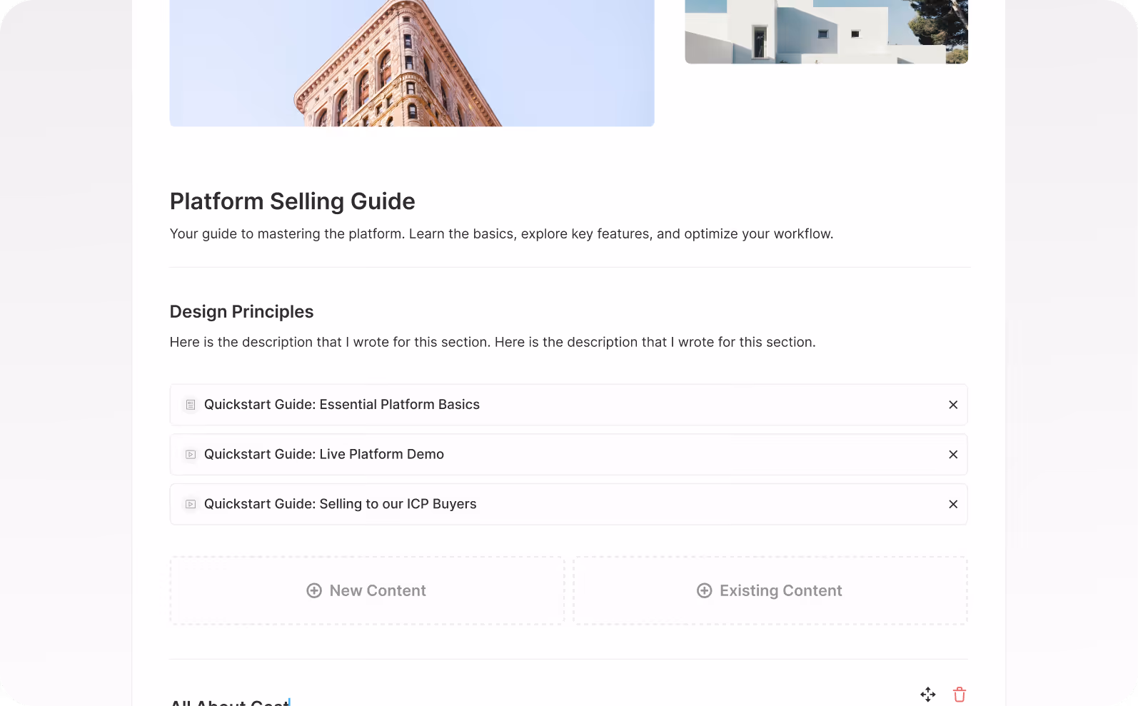 A learning track filled out with sections and content for product knowledge training.