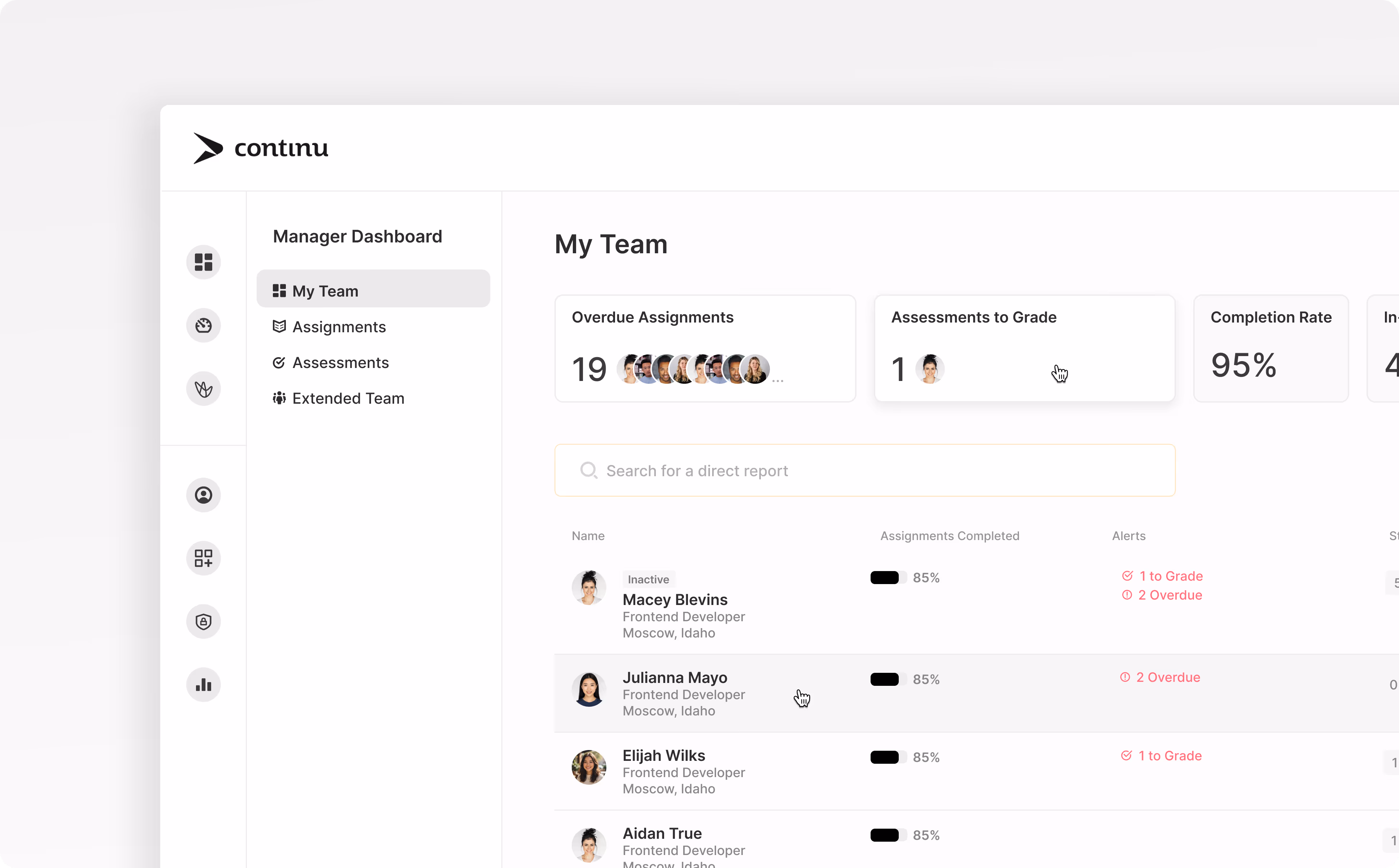 Manager dashboard in Continu to track employee training progress.