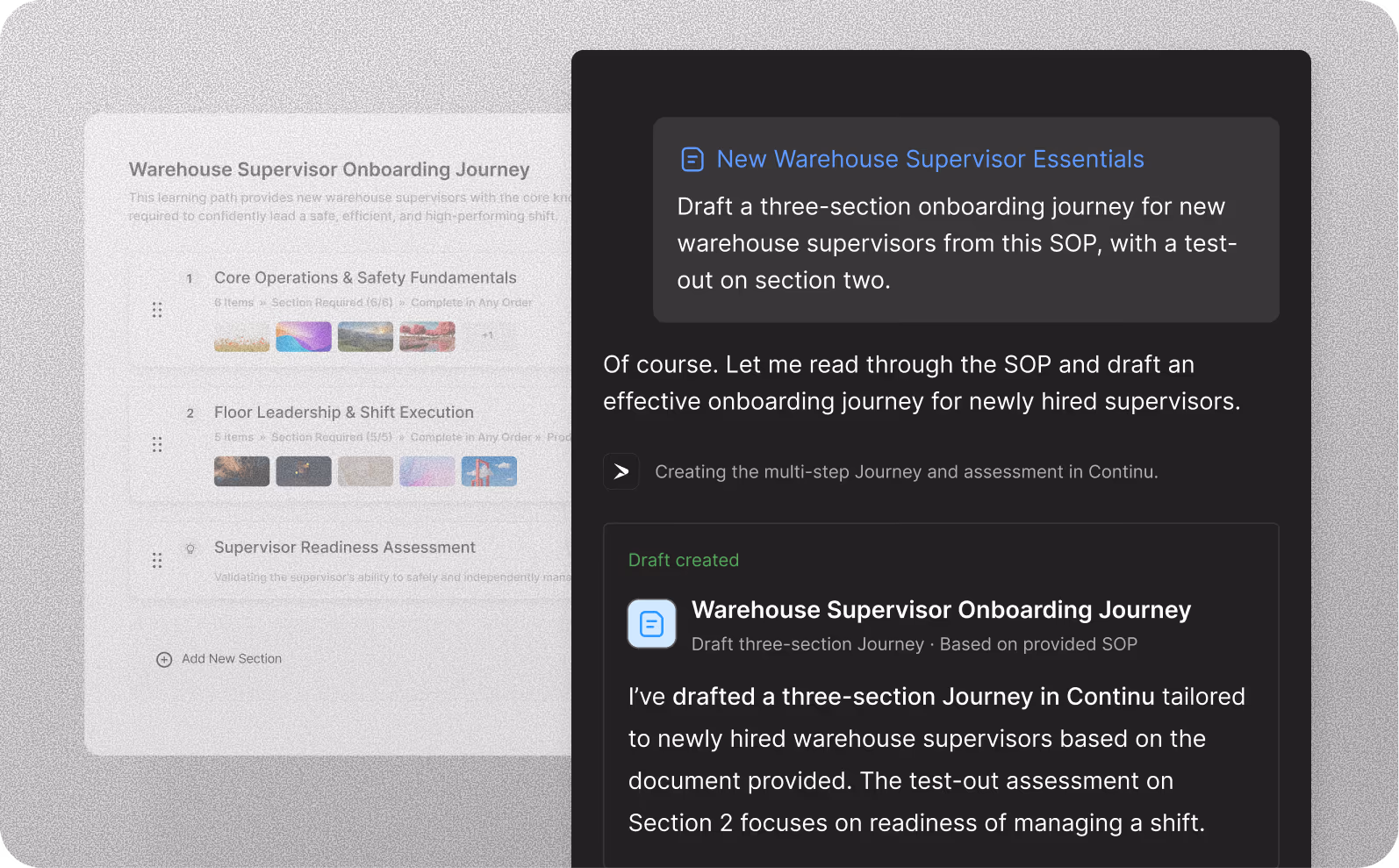 New onboarding Journey example: Continu MCP drafts a three-section warehouse supervisor Journey from an SOP, with a test-out.