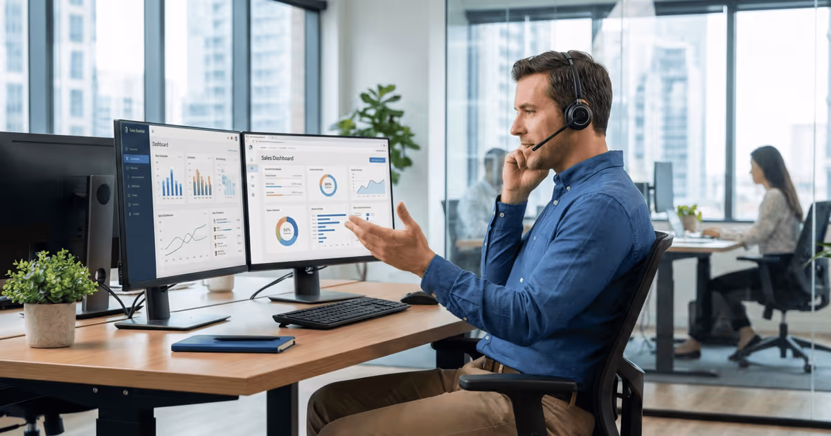 A salesperson talking on a headset at their desk.