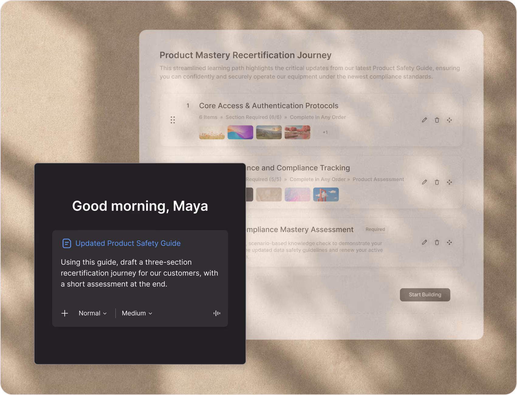 Turning an SOP into a training course: an AI prompt drafts a three-section recertification Journey in Continu.